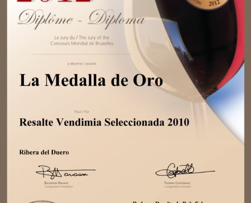 Medalla de Oro Concurso Mundial de Bruselas 2012, Resalte Vendimia Seleccionada 2010